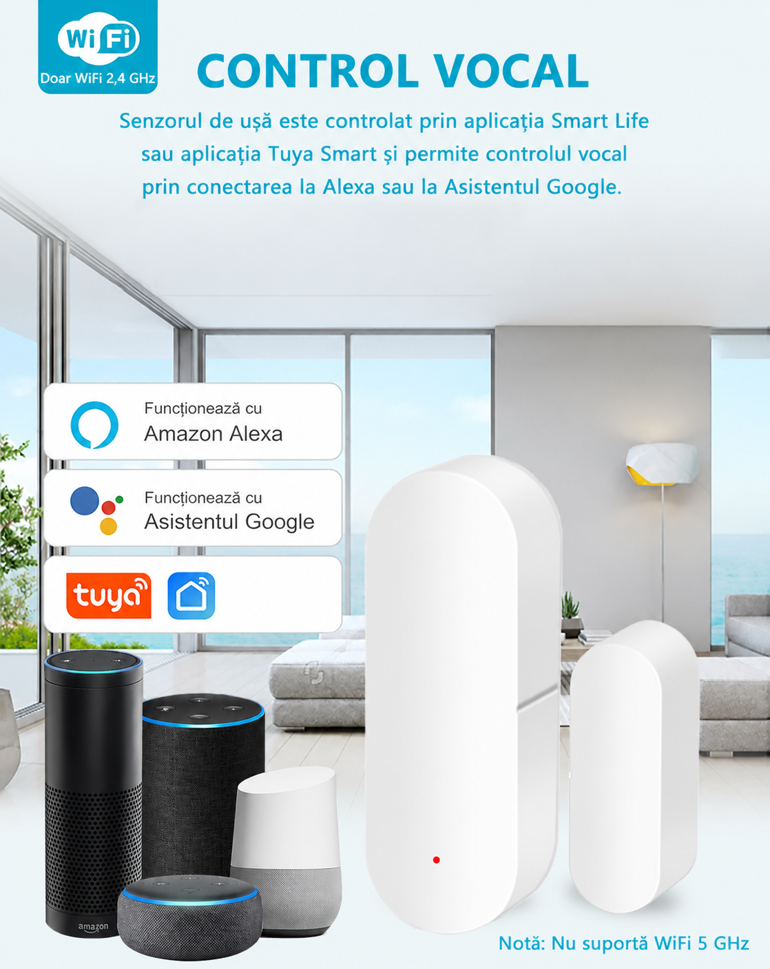 Senzor Smart Ușă & Fereastră WiFi cu Alertă